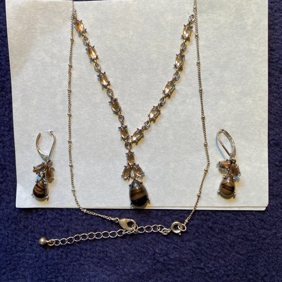 Avon Pewter necklace and earrings set with brown stones - Picture 1 of 4